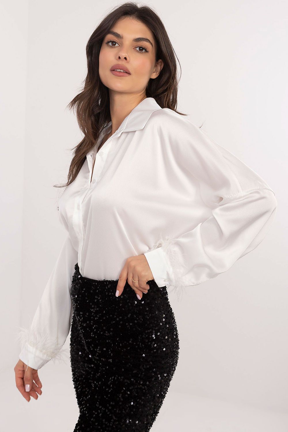 Elegant long sleeve women's shirt by Italy Moda, featuring luxurious feathered cuffs and a classic fit, perfect for sophisticated occasions.