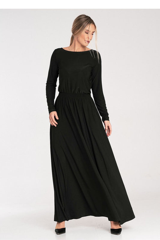 Elegant Figl maxi dress showcasing long sleeves, a sophisticated boat neckline, and an elastic waist, ideal for formal occasions.