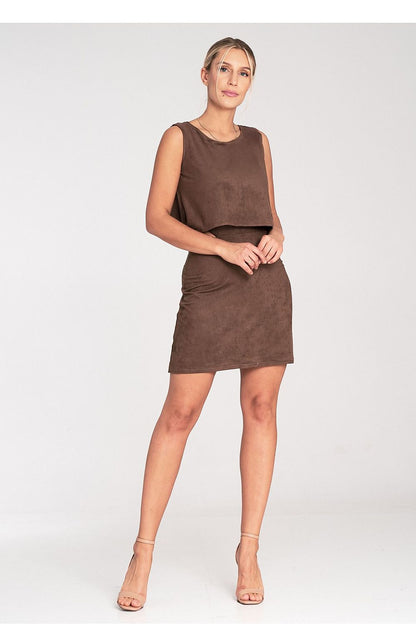 Detailed view of the Figl evening dress showing the intricate cuts and luxurious suede fabric, a must-have for any evening wardrobe.