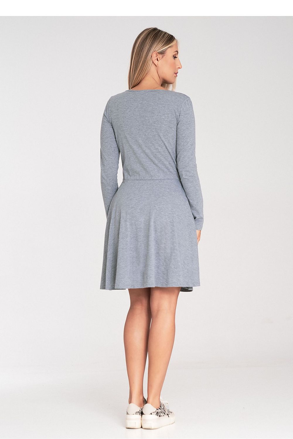 Elegant Figl long-sleeved cotton dress showcasing flared hem and stylish envelope neckline for a luxury look.