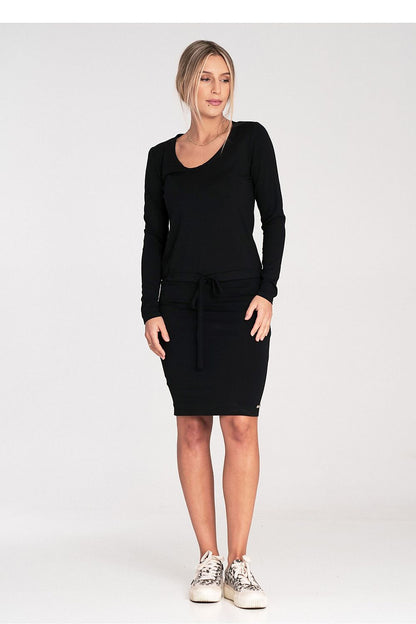 Sophisticated Figl daydress featuring long sleeves, a flattering half-round neckline, and ties at the waist, embodying classic elegance.