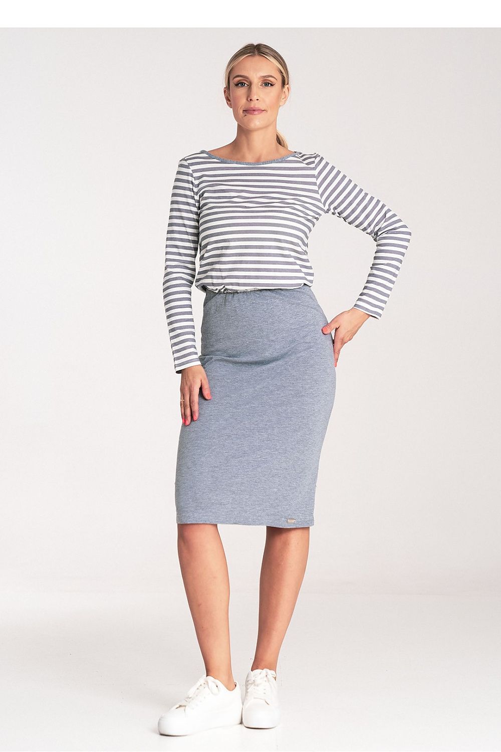 Elegant luxury striped cotton daydress by Figl featuring long sleeves, perfect for sophisticated daytime looks.