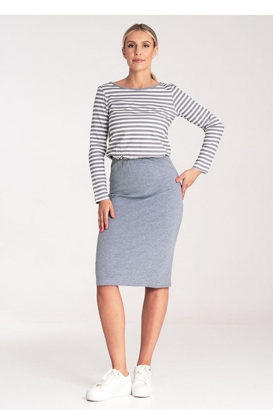 Elegant luxury striped cotton daydress by Figl featuring long sleeves, perfect for sophisticated daytime looks.