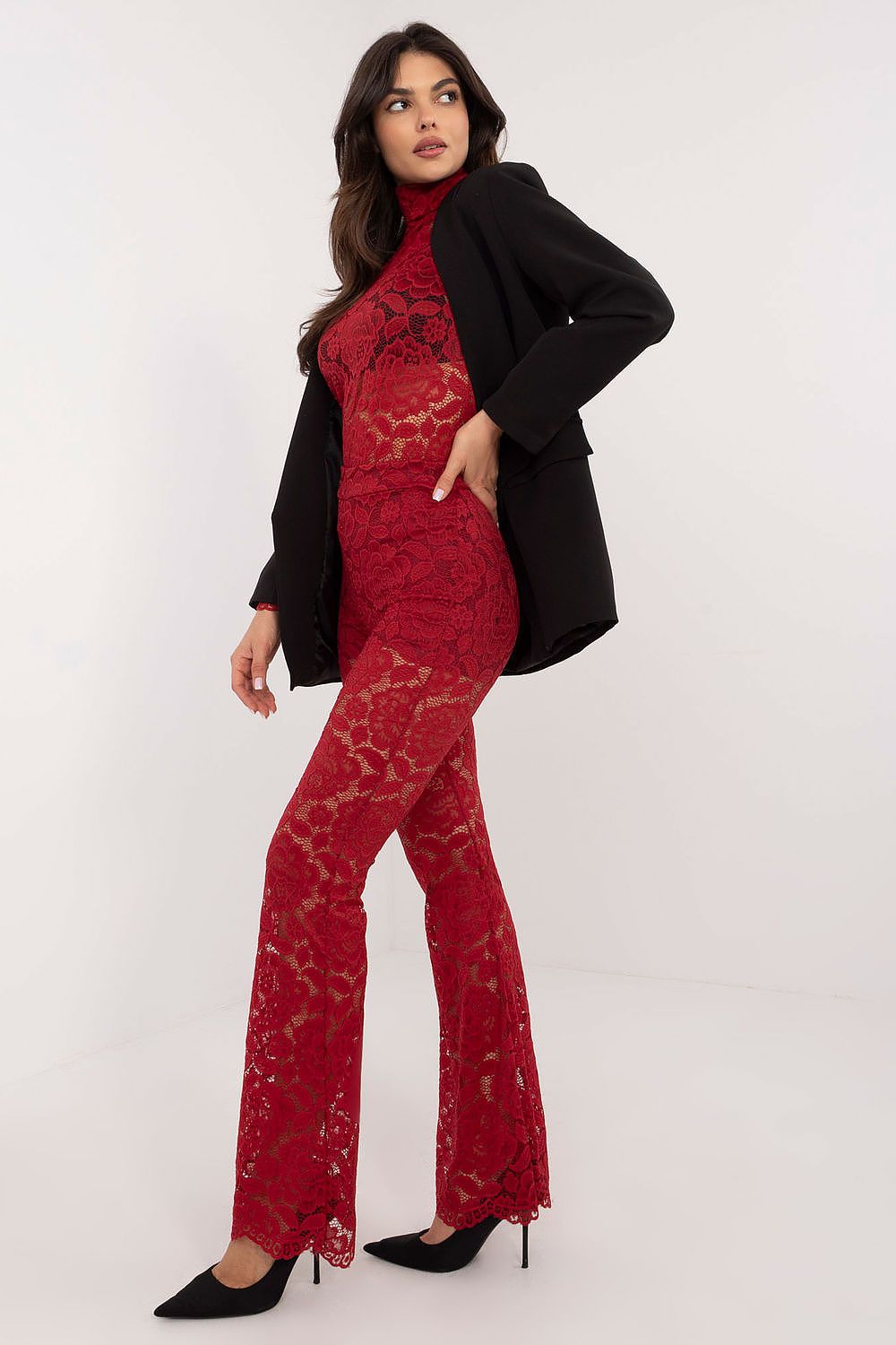 Elegant lace bell-bottom pants by Italy Moda, featuring a high waist design and wide legs, perfect for special occasions.