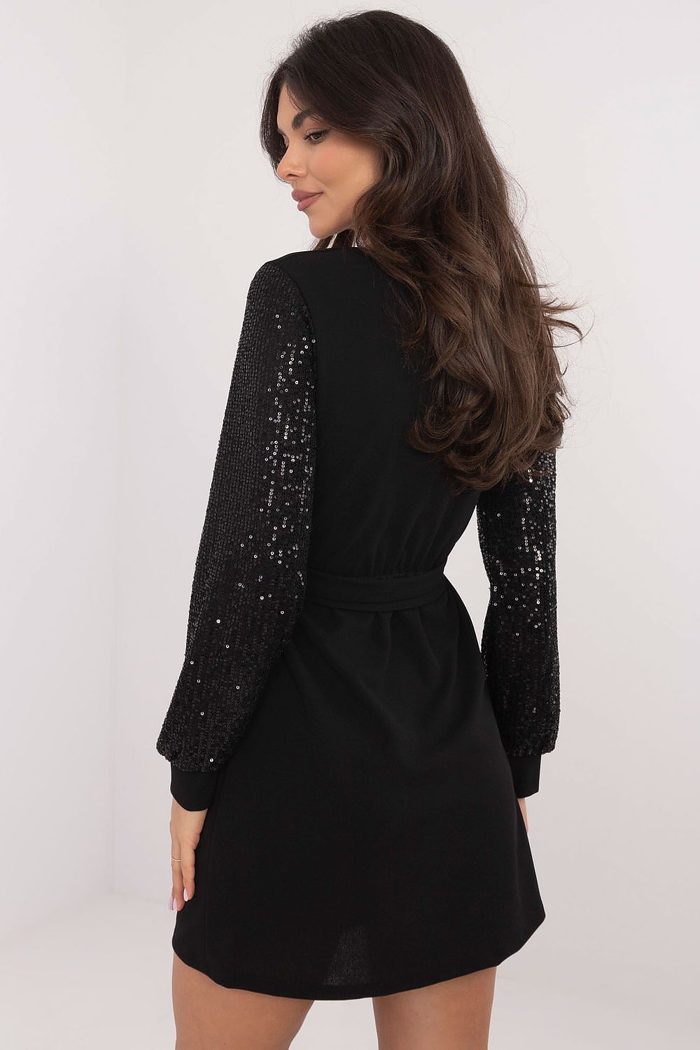 Full-view of the stylish pencil cut cocktail dress by Italy Moda, highlighting the wrap neckline and feminine silhouette, perfect for upscale parties.