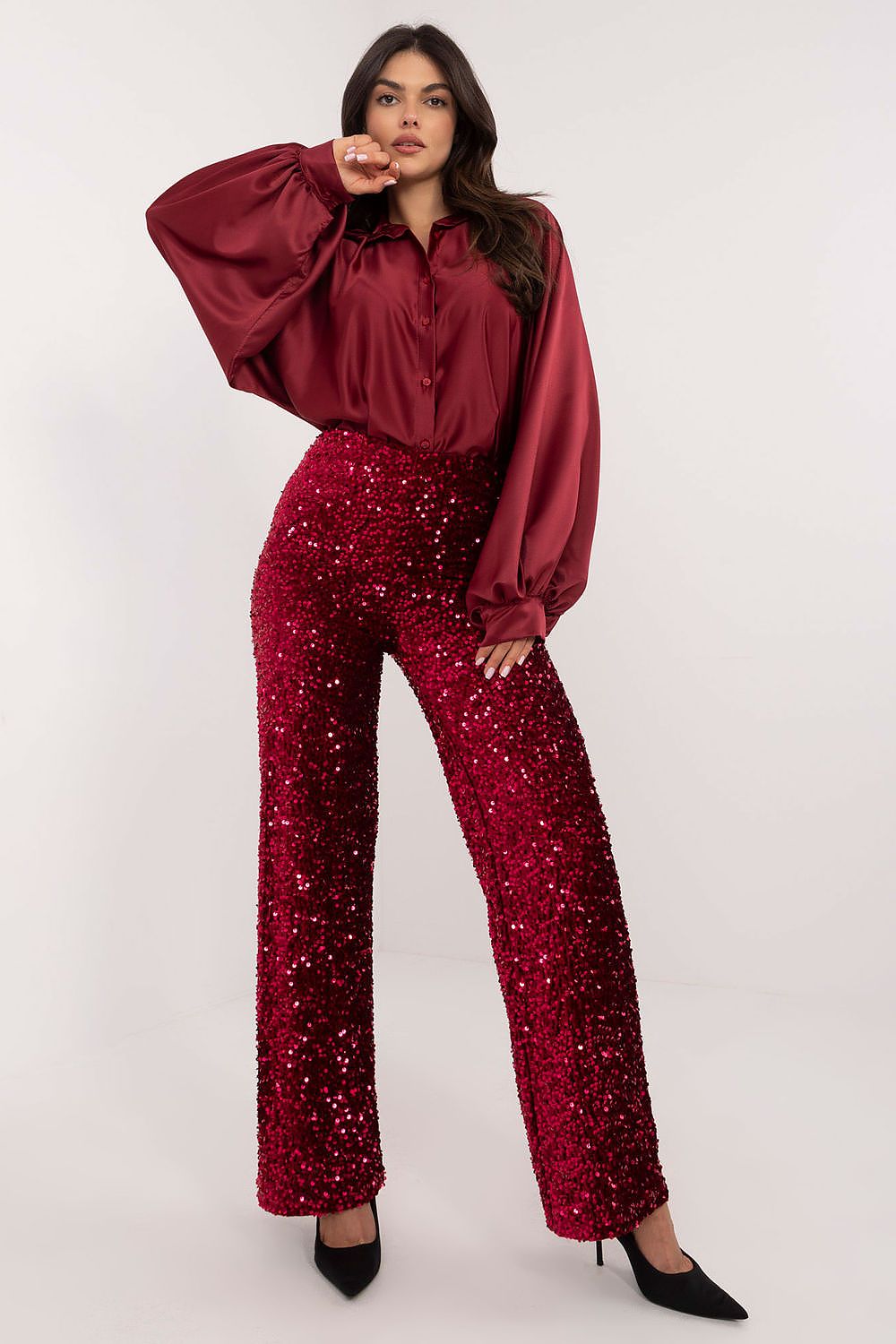 Elegant design of Italy Moda sequin trousers for women, featuring a high waist and straight leg, perfect for formal events.