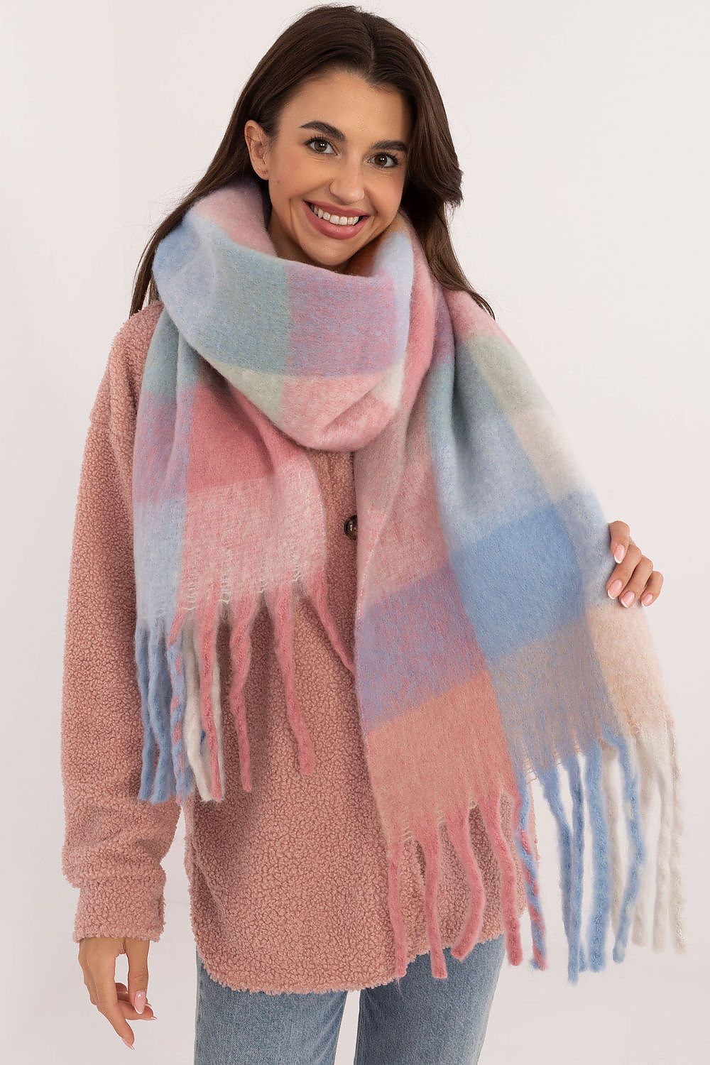 Fashionable AT polyester scarf with decorative tassels and a classic check pattern, designed for warmth and style during colder months.