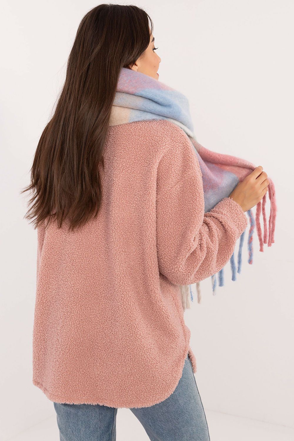 Elegant long polyester scarf by AT featuring a classic check pattern and decorative tassels, perfect for stylish winter outfits.