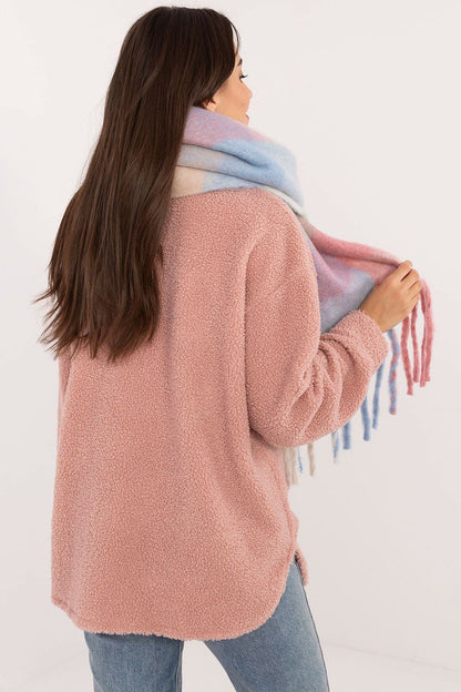Elegant long polyester scarf by AT featuring a classic check pattern and decorative tassels, perfect for stylish winter outfits.