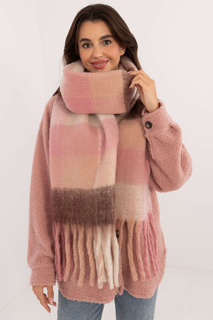 AT's fashionable polyester scarf showcasing a timeless check pattern and stylish tassel details, ideal for winter wear.