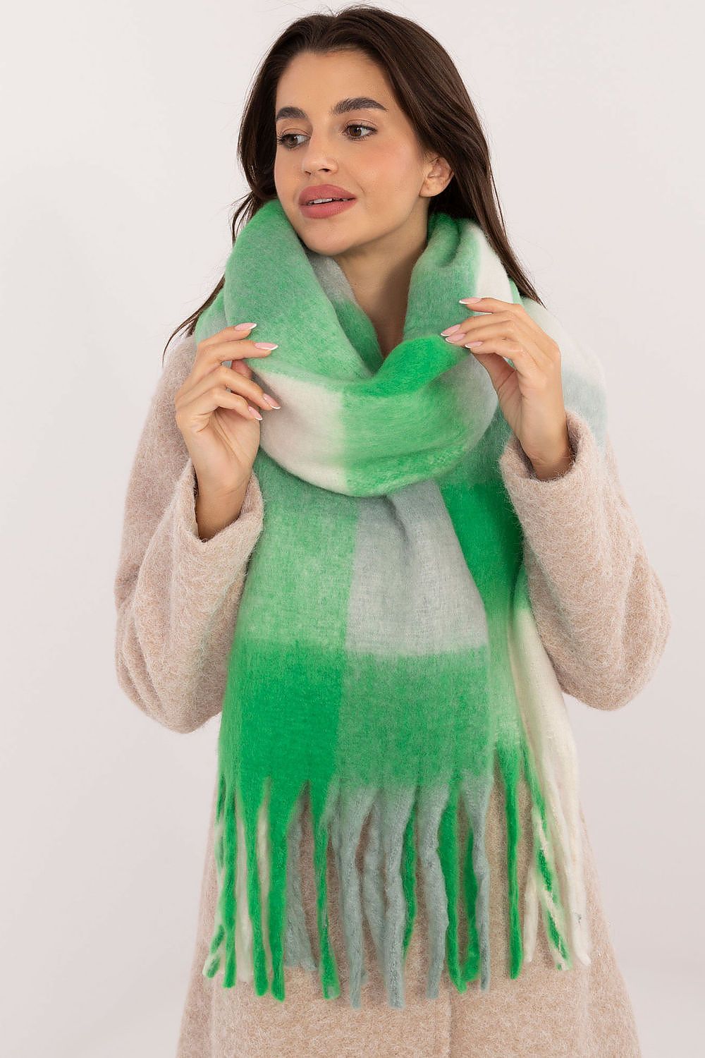 Elegant 217cm long polyester scarf by AT featuring a classic check pattern, perfect for winter styling.