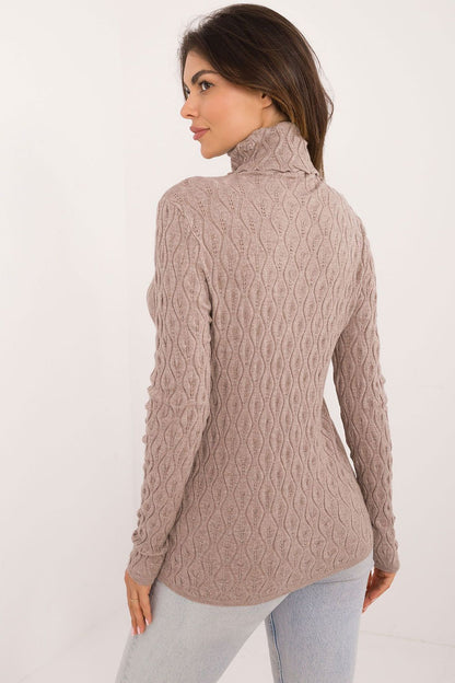 Versatile soft viscose turtleneck sweater by AT, showcasing an exquisite openwork pattern suitable for both work and casual occasions.