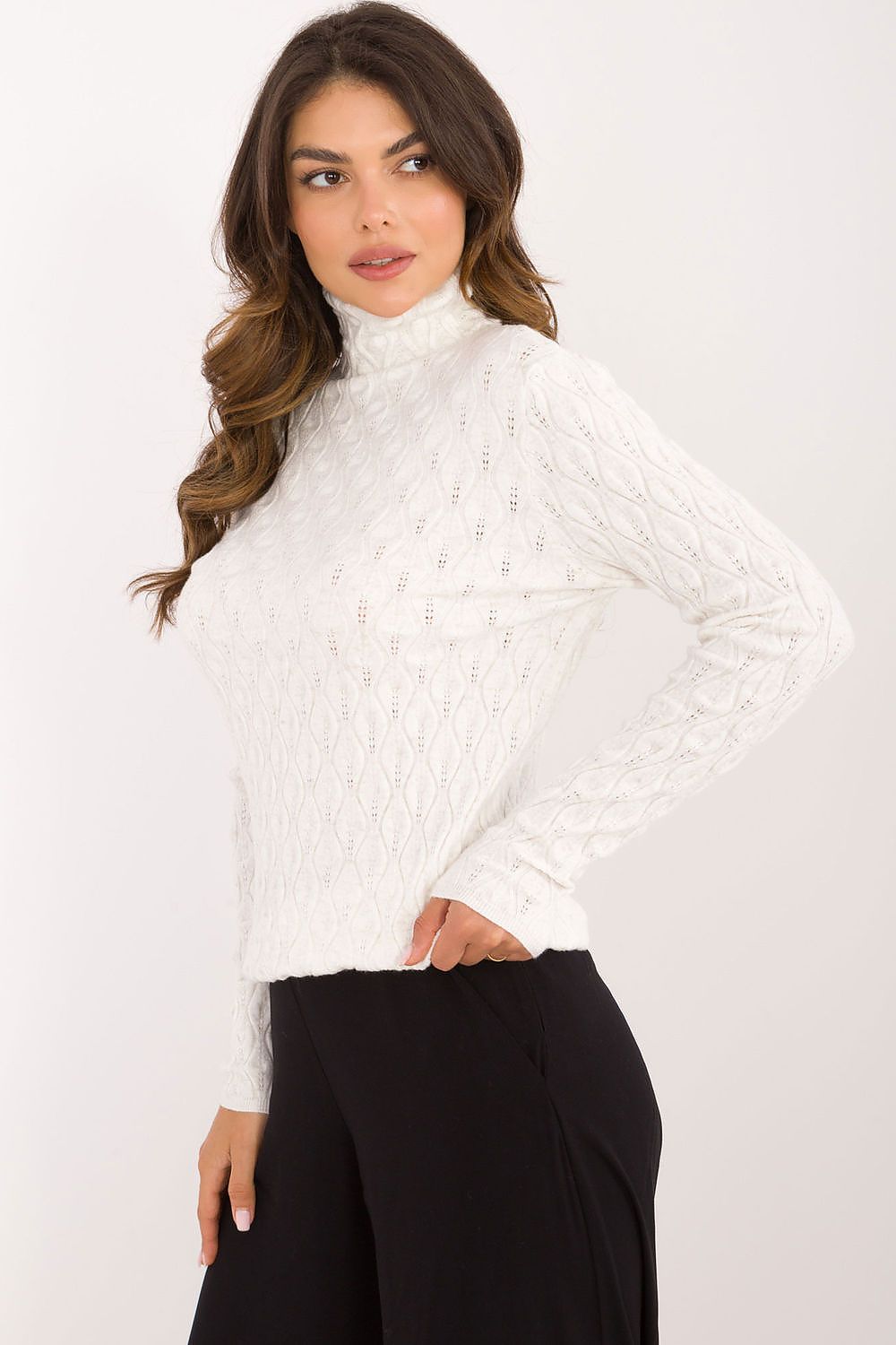 Luxurious turtleneck sweater featuring unique openwork details from AT, made of a soft viscose blend, ideal for any fashionable wardrobe.