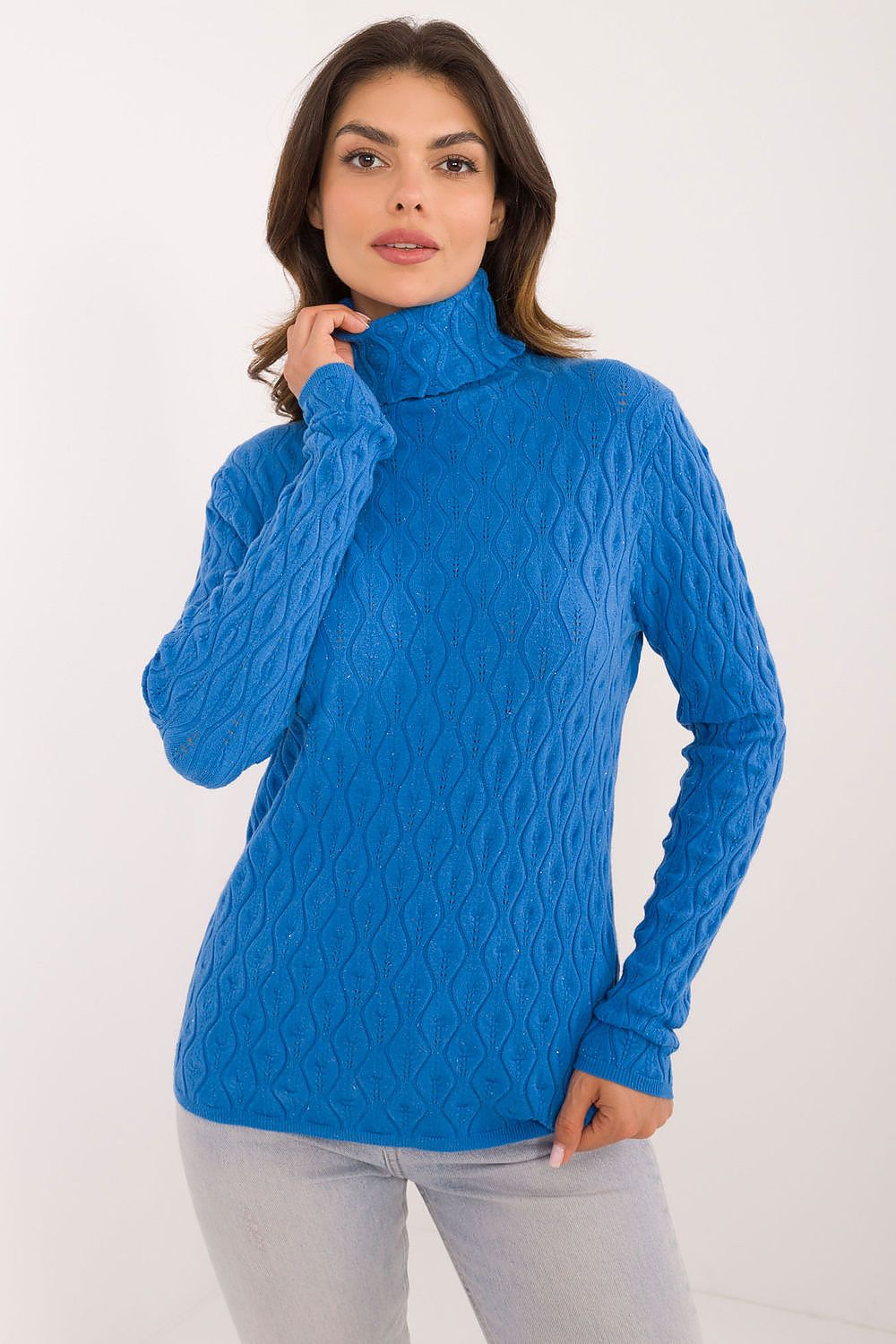Elegant casual turtleneck sweater by AT featuring a unique openwork pattern in soft viscose, perfect for versatile styling.