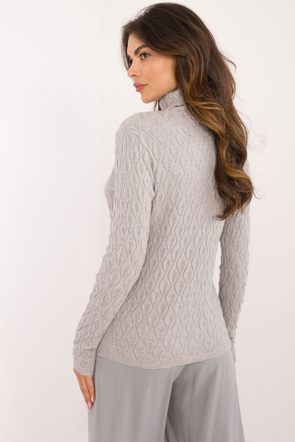Elegant casual turtleneck sweater by AT featuring a unique openwork pattern in soft viscose, perfect for sophisticated everyday wear.