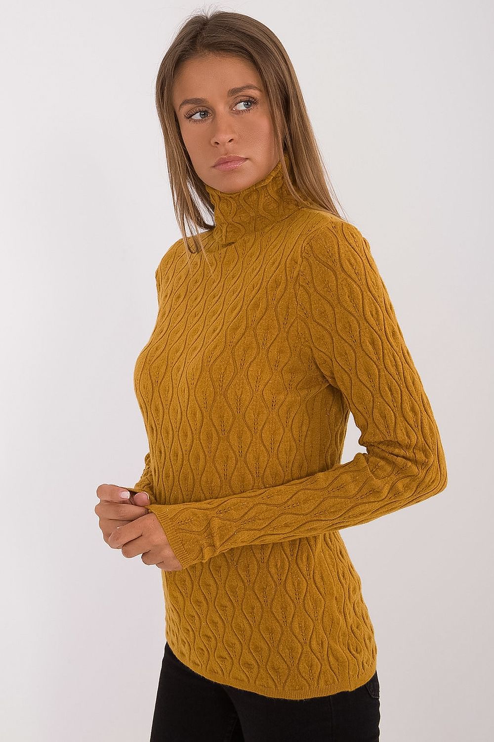 Detail of the unique openwork pattern on the AT turtleneck sweater, exemplifying its elegant design and premium fabric quality.