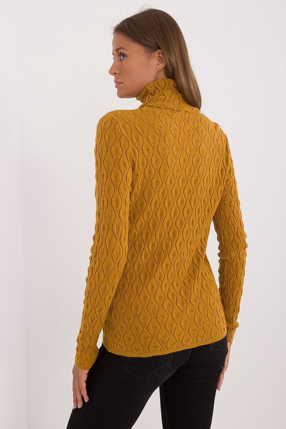 Elegant casual turtleneck sweater by AT featuring a unique openwork pattern in soft viscose, perfect for sophisticated everyday wear.