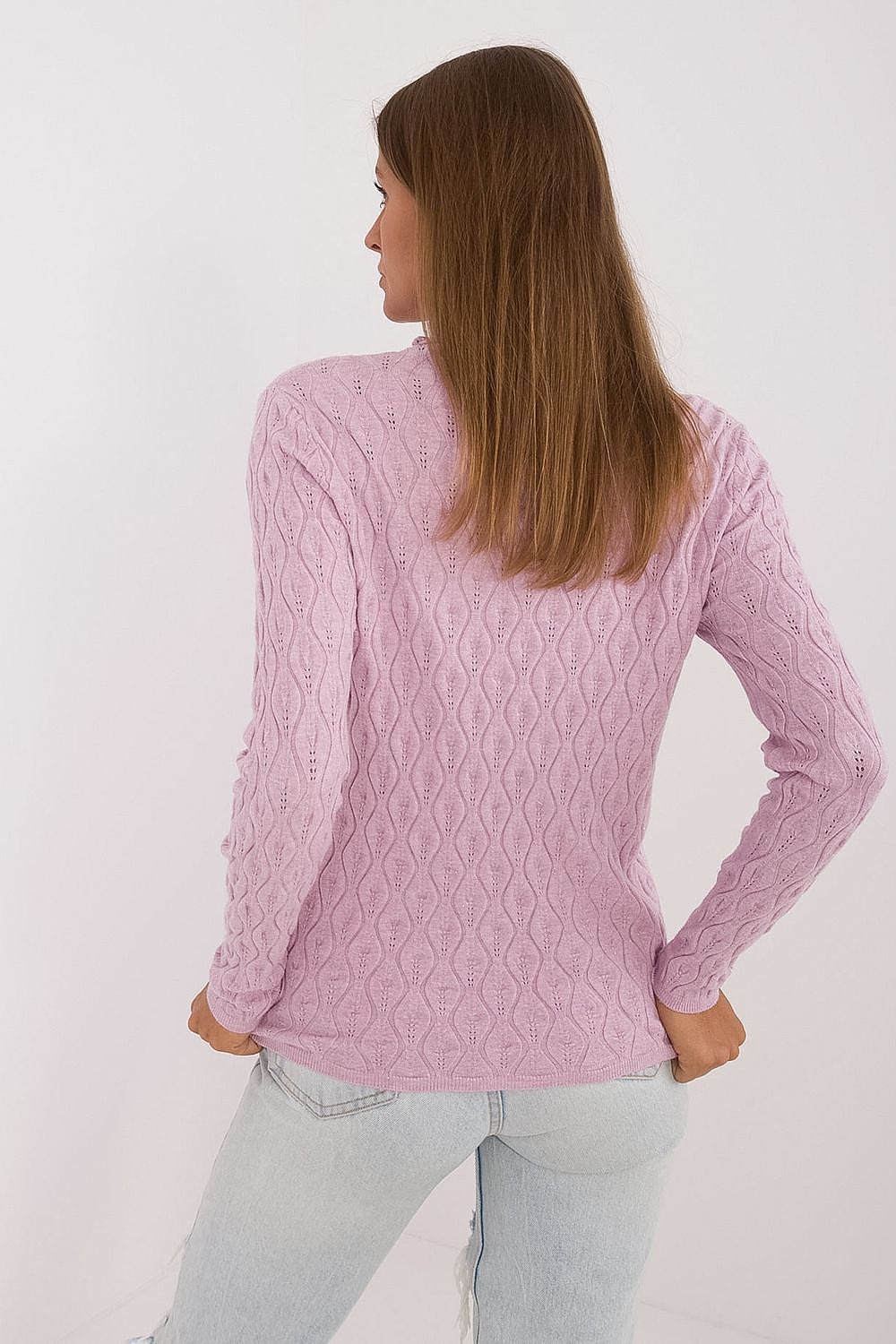 AT's casual turtleneck sweater demonstrating exquisite craftsmanship with an openwork pattern, designed for effortless sophistication and comfort.