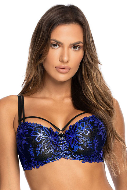 Elegant black push-up bra by Axami featuring navy blue glitter embroidery, adjustable straps for a luxurious fit.