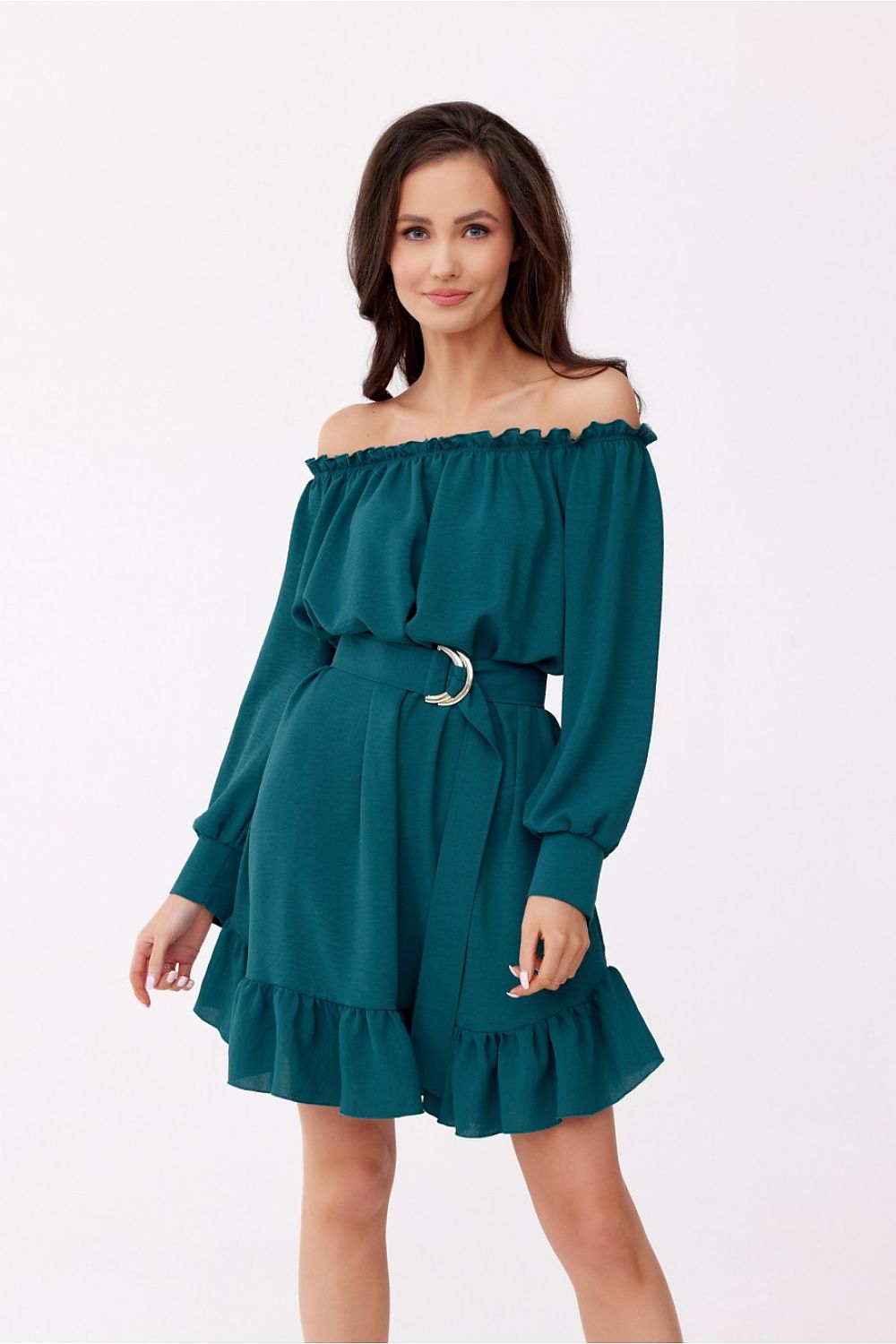 Elegant Roco Fashion daydress showcasing ruffled hem, adjustable waist belt, Spanish neckline, and airy sleeves.