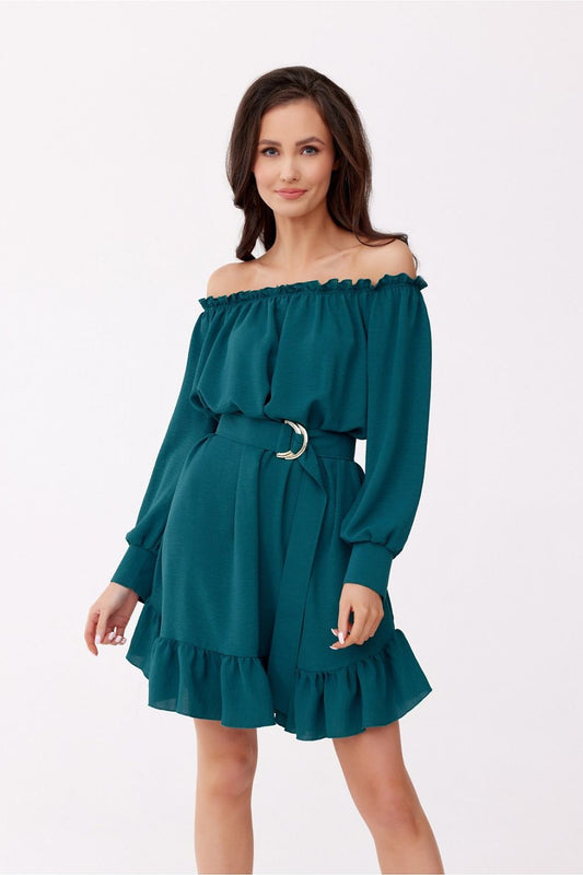 Elegant Roco Fashion daydress showcasing ruffled hem, adjustable waist belt, Spanish neckline, and airy sleeves.