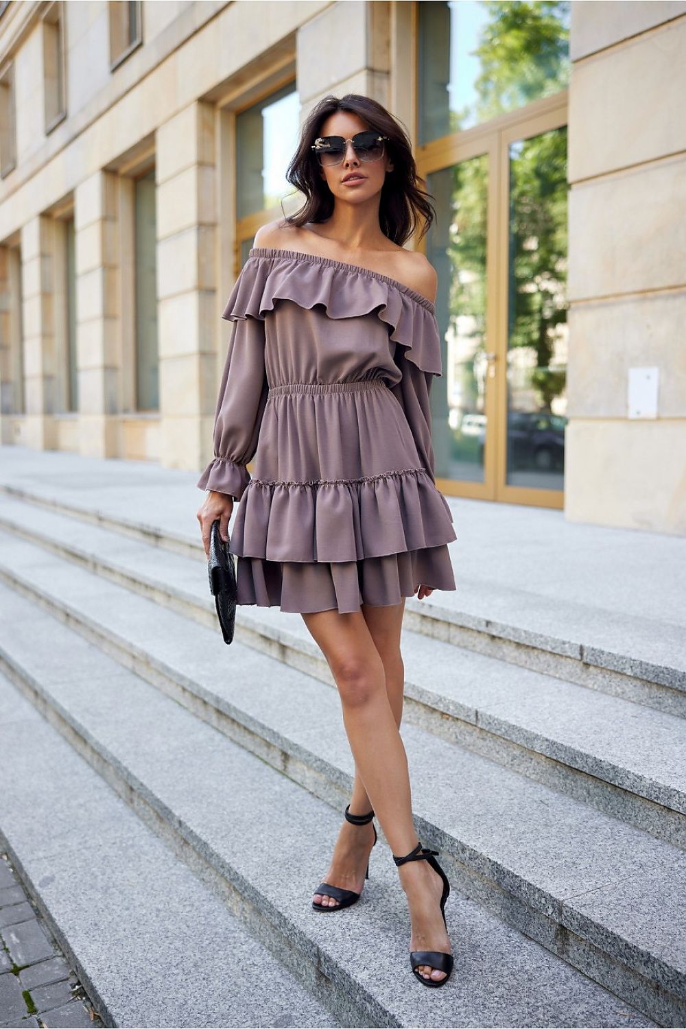 Luxurious Morella mini dress with flared skirt and ruffles, designed by Roco Fashion for timeless elegance.