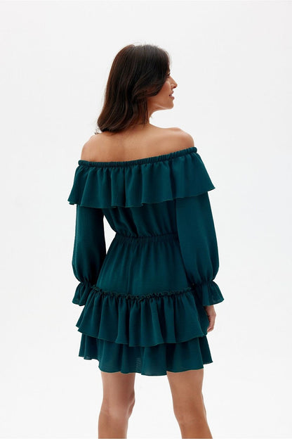 Close-up of the ruffled neckline and sleeves of the Morella Mini Dress by Roco Fashion, highlighting its exquisite details and Spanish-inspired design.
