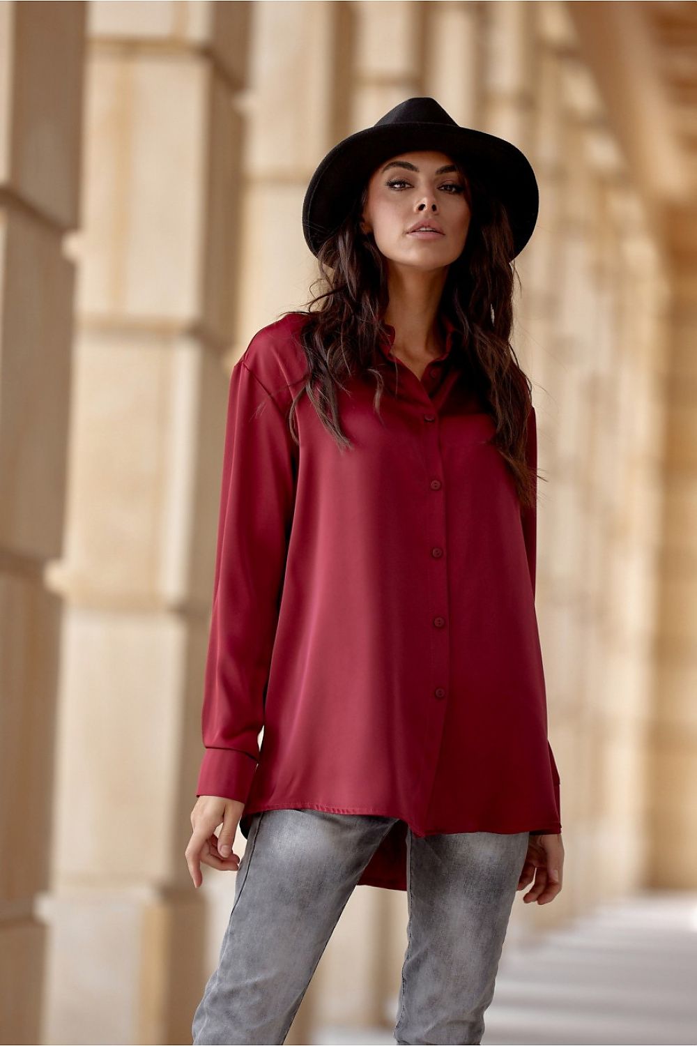 Elegant oversized long sleeve satin shirt with decorative button cuffs by Roco Fashion, showcasing its luxurious fabric and sophisticated design.
