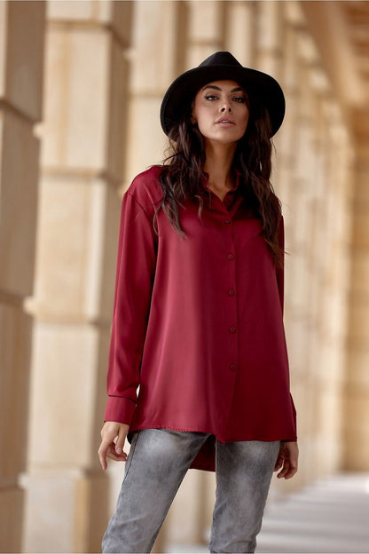 Elegant oversized long sleeve satin shirt with decorative button cuffs by Roco Fashion, showcasing its luxurious fabric and sophisticated design.