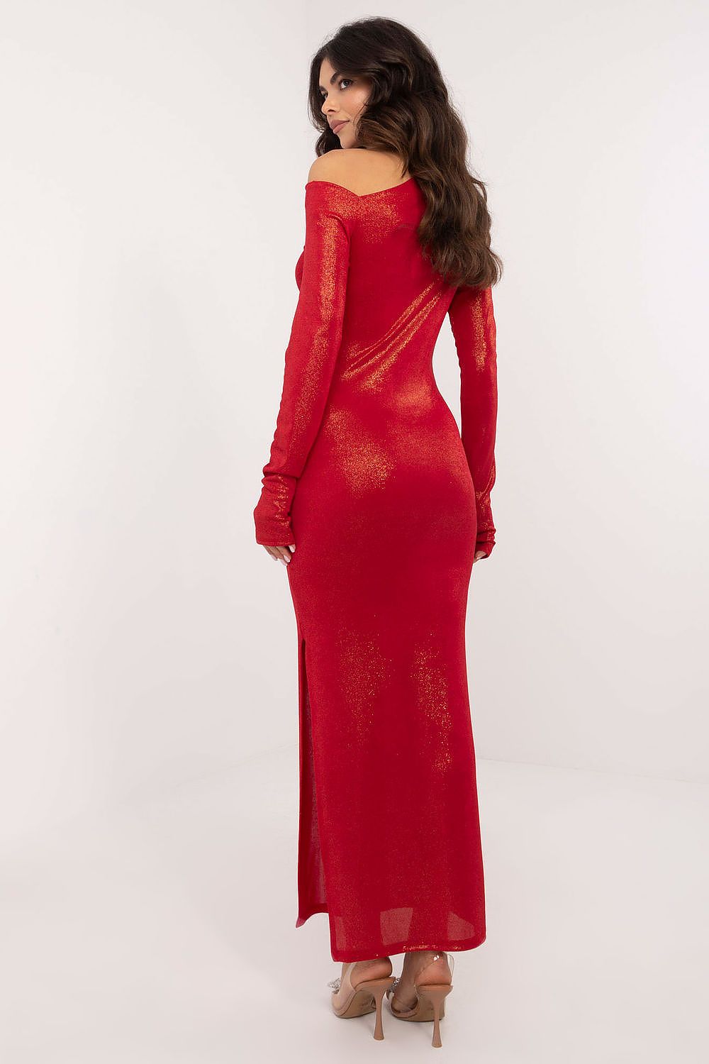 Stylish view of Italy Moda's maxi evening dress highlighting the unique creased design and modern thumbhole cuffs.