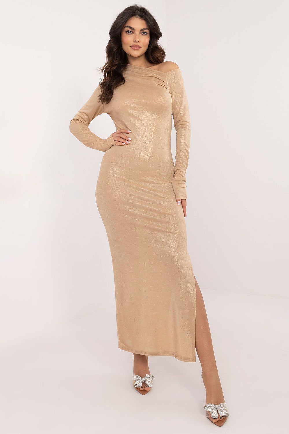 Elegant maxi evening dress by Italy Moda featuring an asymmetrical neckline and chic pencil cut silhouette.