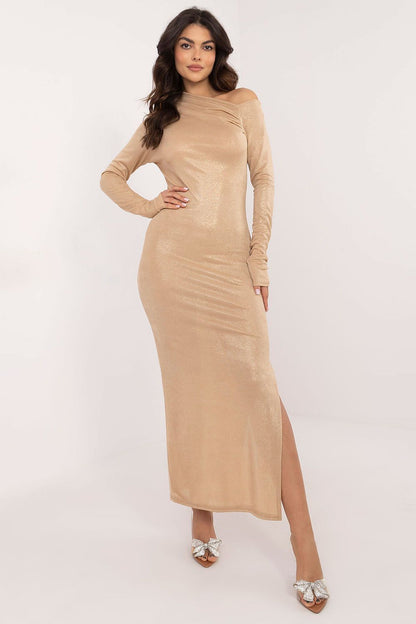 Elegant maxi evening dress by Italy Moda featuring an asymmetrical neckline and chic pencil cut silhouette.