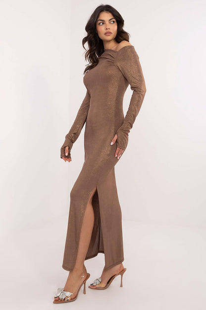 Front view of Italy Moda's elegant maxi evening dress, designed to emphasize feminine curves for a captivating look.