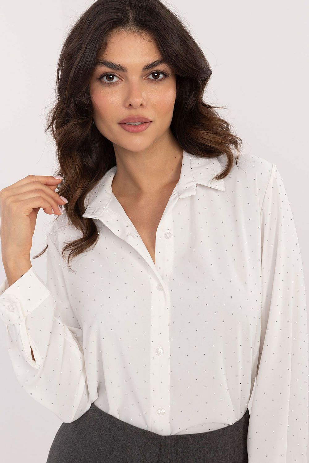 Elegant long sleeve shirt by Italy Moda featuring shimmering rhinestone detailing, perfect for special occasions and evening outings.