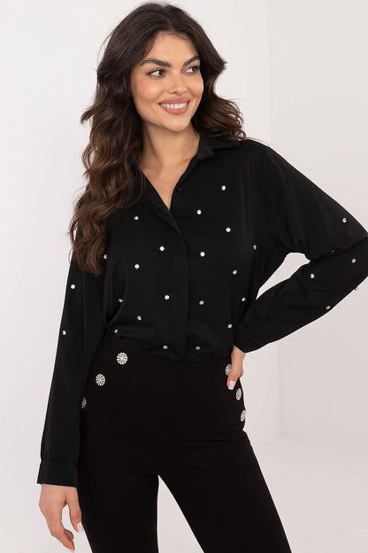 Elegant long sleeve women's shirt by Italy Moda featuring decorative zircon details, perfect for formal occasions and timeless fashion.