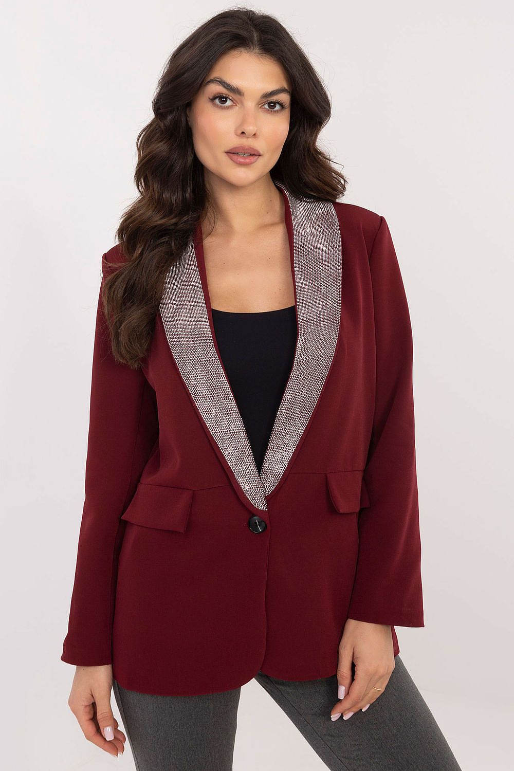 Elegant women's jacket by Italy Moda featuring decorative rhinestone lapels, crafted from a luxurious polyester and viscose blend for a classic fit.