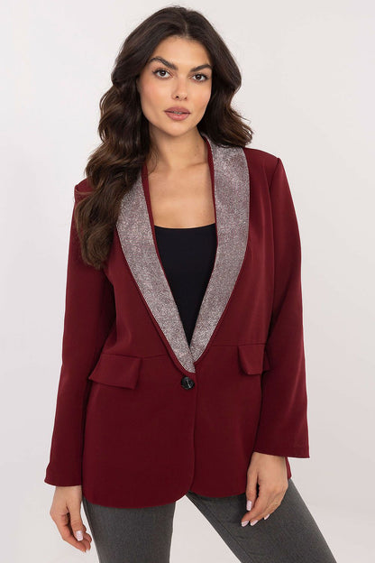 Elegant women's jacket by Italy Moda featuring decorative rhinestone lapels, crafted from a luxurious polyester and viscose blend for a classic fit.