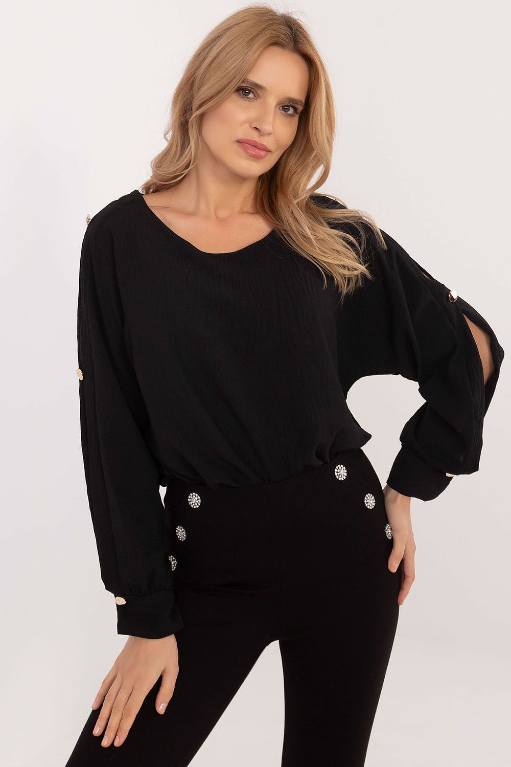 Elegant Italy Moda blouse featuring a stylish boat neck and slit long sleeves, crafted from luxurious high-quality fabric for versatile occasions.