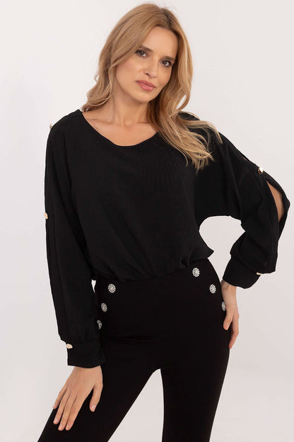 Elegant Italy Moda blouse featuring a stylish boat neck and slit long sleeves, crafted from luxurious high-quality fabric for versatile occasions.