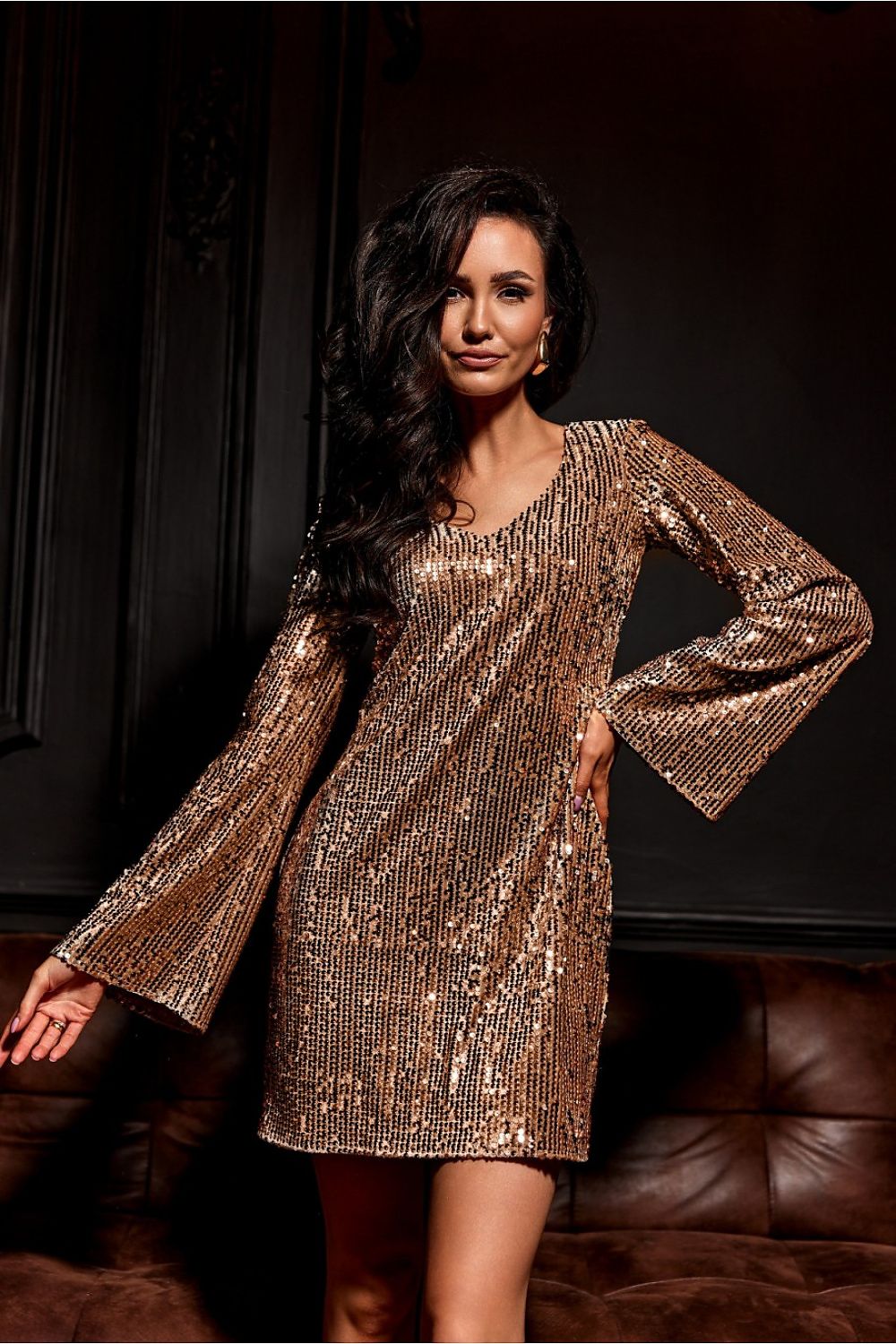 Luxurious Ophelia Mini Dress by Roco Fashion, featuring elegant sequined fabric, flattering A-line cut, sophisticated V-neckline, and stylish flared sleeves, perfect for special occasions.