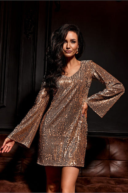 Luxurious Ophelia Mini Dress by Roco Fashion, featuring elegant sequined fabric, flattering A-line cut, sophisticated V-neckline, and stylish flared sleeves, perfect for special occasions.