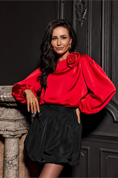 Evelyn Satin Blouse by Roco Fashion featuring elegant rose detail and luxurious 3/4 sleeves, perfect for formal occasions.
