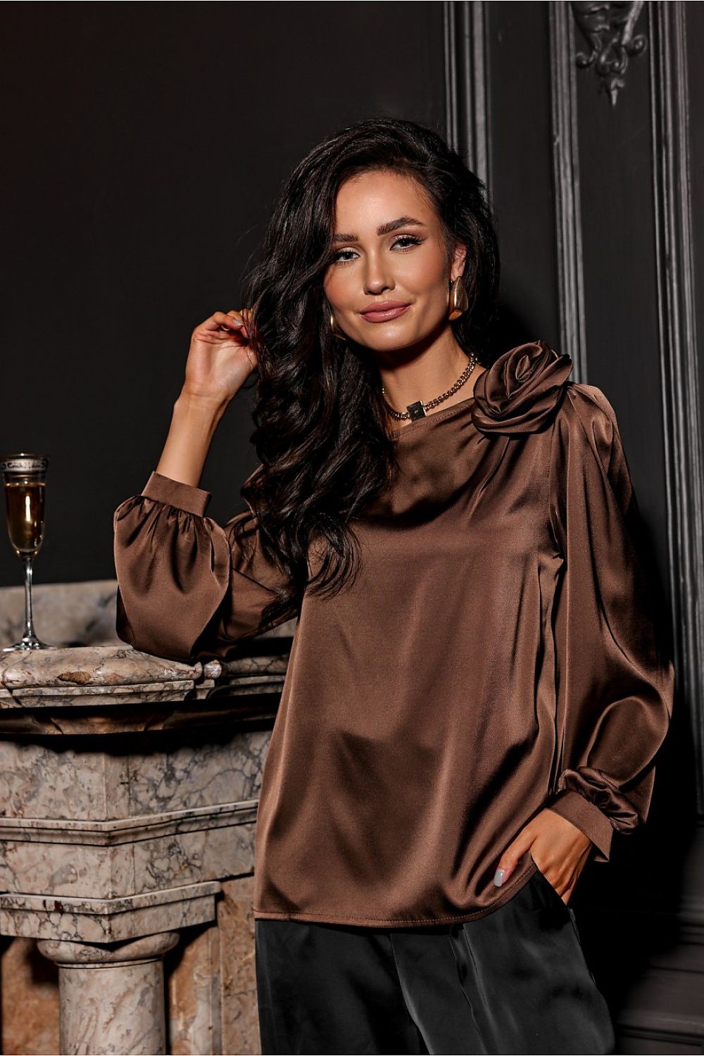 Elegant Evelyn Satin Blouse by Roco Fashion featuring a unique rose detail and luxurious satin fabric, perfect for formal occasions.