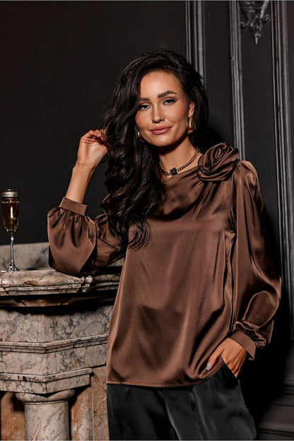Elegant Evelyn Satin Blouse by Roco Fashion featuring a unique rose detail and luxurious satin fabric, perfect for formal occasions.