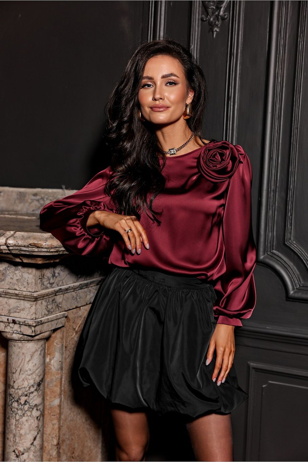 Model showcasing the Evelyn Satin Blouse with 3/4 sleeves, created by Roco Fashion, embodying sophistication and elegance.