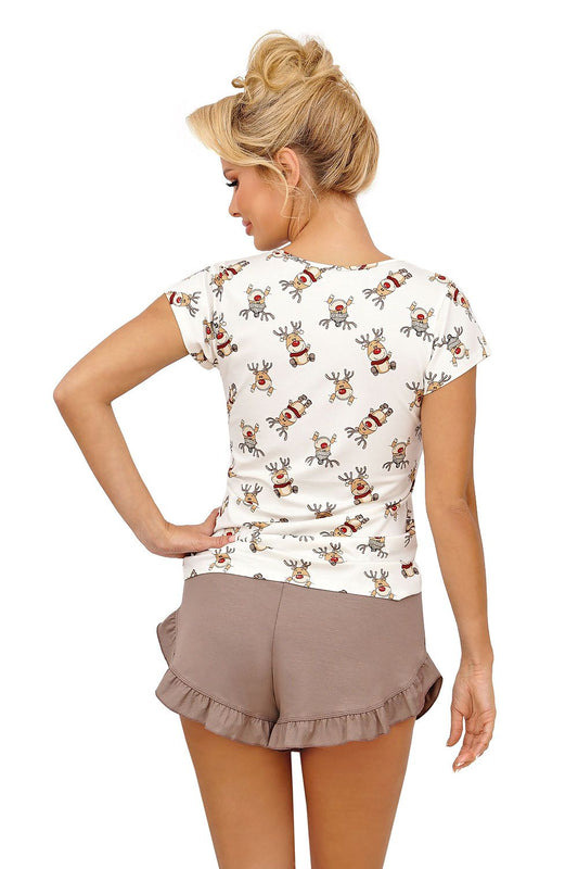 Luxury Women's Christmas Pyjamas Set by Donna, featuring a soft cotton reindeer print blouse and frill shorts, perfect for festive home comfort.