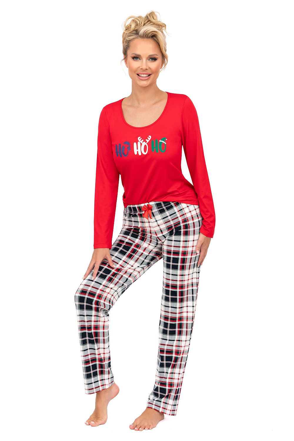 Luxury women's cotton holiday pyjamas set by Donna, featuring a long-sleeve top with a charming slogan and classy check patterned pants, perfect for comfortable homewear.