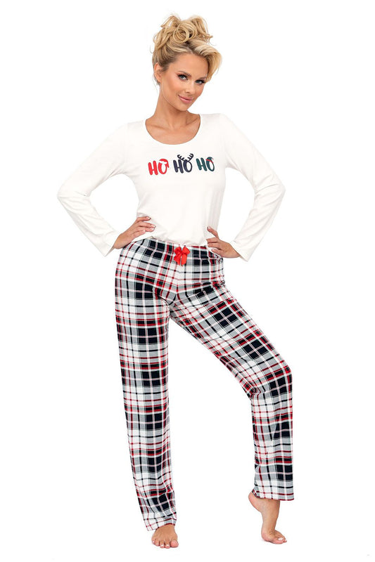 Elegant Donna cotton holiday pyjamas set for women, showcasing a loose fit long-sleeve blouse and stylish check trousers, ideal for festive lounging.