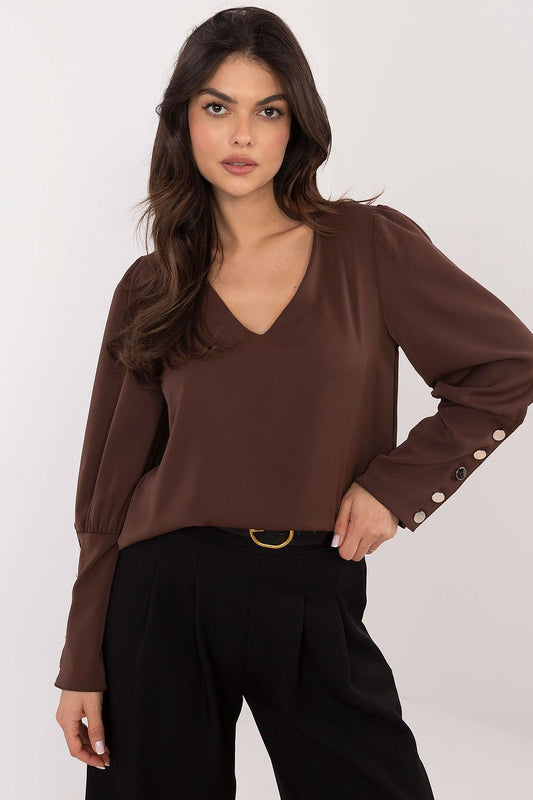 Elegant V-Neck Blouse with Puffy Sleeves by Italy Moda, showcasing classic cut and luxurious smooth fabric.