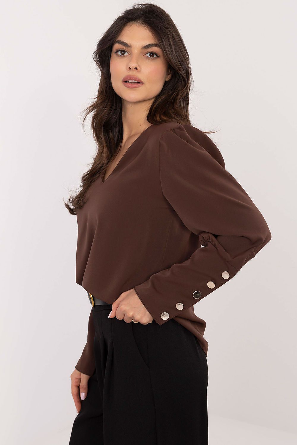 Close-up of Italy Moda's Elegant V-Neck Blouse featuring intricate puffy sleeves and refined design for sophisticated style.